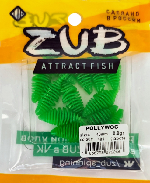 Приманка ZUB-POLLYWOG 40мм(1,5")-12шт, (цвет 401) зеленый Приманка ZUB-POLLYWOG 40мм(1,5")-12шт, (цвет 401) зеленый