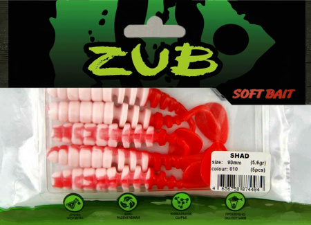 Приманка ZUB-SHAD  90мм(3,5")-5шт, (цвет 010) белое тело - красный хвост
