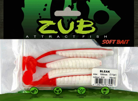 Приманка ZUB-BLEAK 100мм(4")-4шт, (цвет 010) белое тело - красный хвост