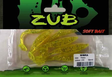 Приманка ZUB-WIBRA  75мм(3")-6шт, (цвет 310) желтый с блестками