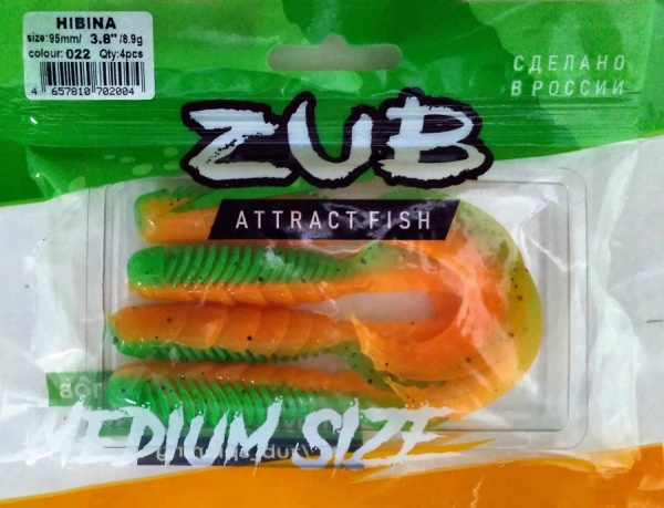 Приманка ZUB-HIBINA  95мм(3,8")-4шт, (цвет 022) зеленый верх-оранжевый низ Приманка ZUB-HIBINA  95мм(3,8")-4шт, (цвет 022) зеленый верх-оранжевый низ