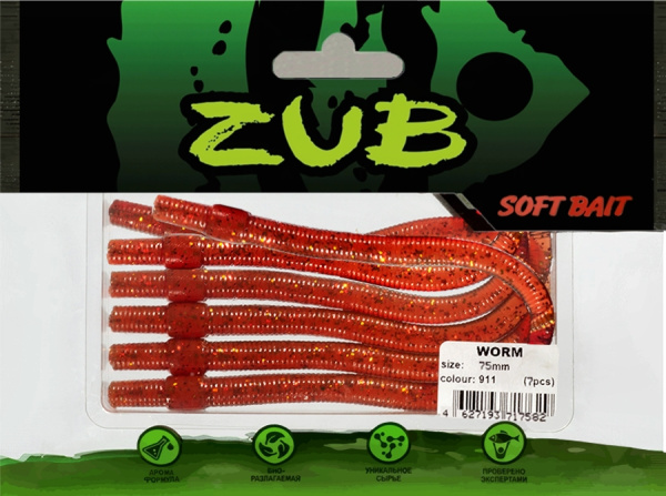 Приманка ZUB-WORM  75мм(3")-7шт, (цвет 911) машинное масло с блестками Приманка ZUB-WORM  75мм(3")-7шт, (цвет 911) машинное масло с блестками