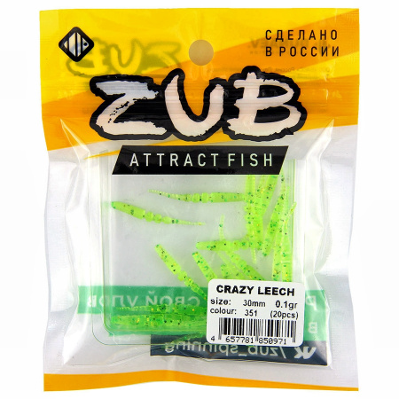 Приманка ZUB-CRAZY LEECH 30мм(1,2")-20шт, (цвет 351) шартрез с блестками