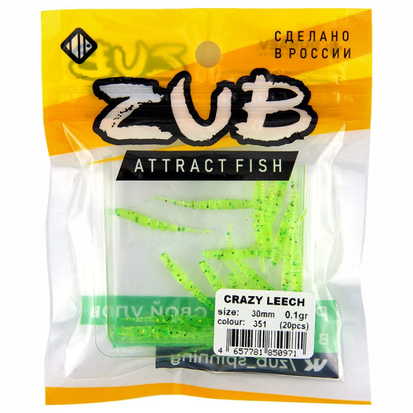 Приманка ZUB-CRAZY LEECH 30мм(1,2")-20шт, (цвет 351) шартрез с блестками