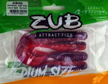 Приманка ZUB-HIBINA  95мм(3,8")-4шт, (цвет 021) фиолетовый верх-красный низ