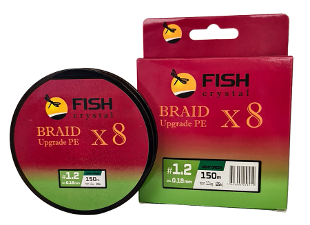 Плетёный шнур из 8-ми нитей, FISH CRYSTAL зелёный, 0.18мм, 150м, 11кг