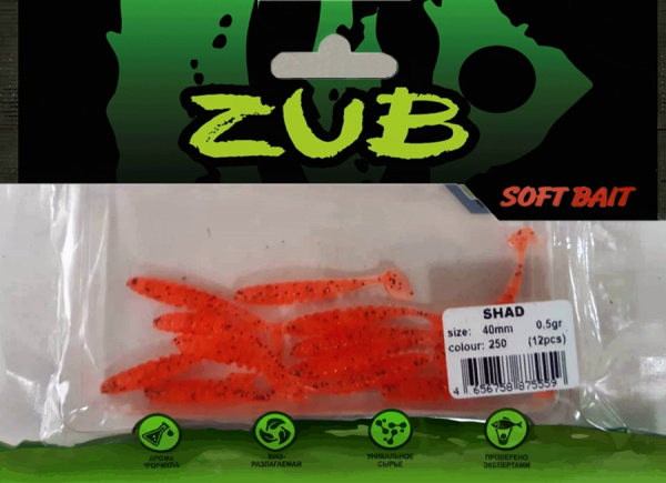 Приманка ZUB-SHAD  40мм(1,5")-12шт, (цвет 250) морковный с блестками Приманка ZUB-SHAD  40мм(1,5")-12шт, (цвет 250) морковный с блестками